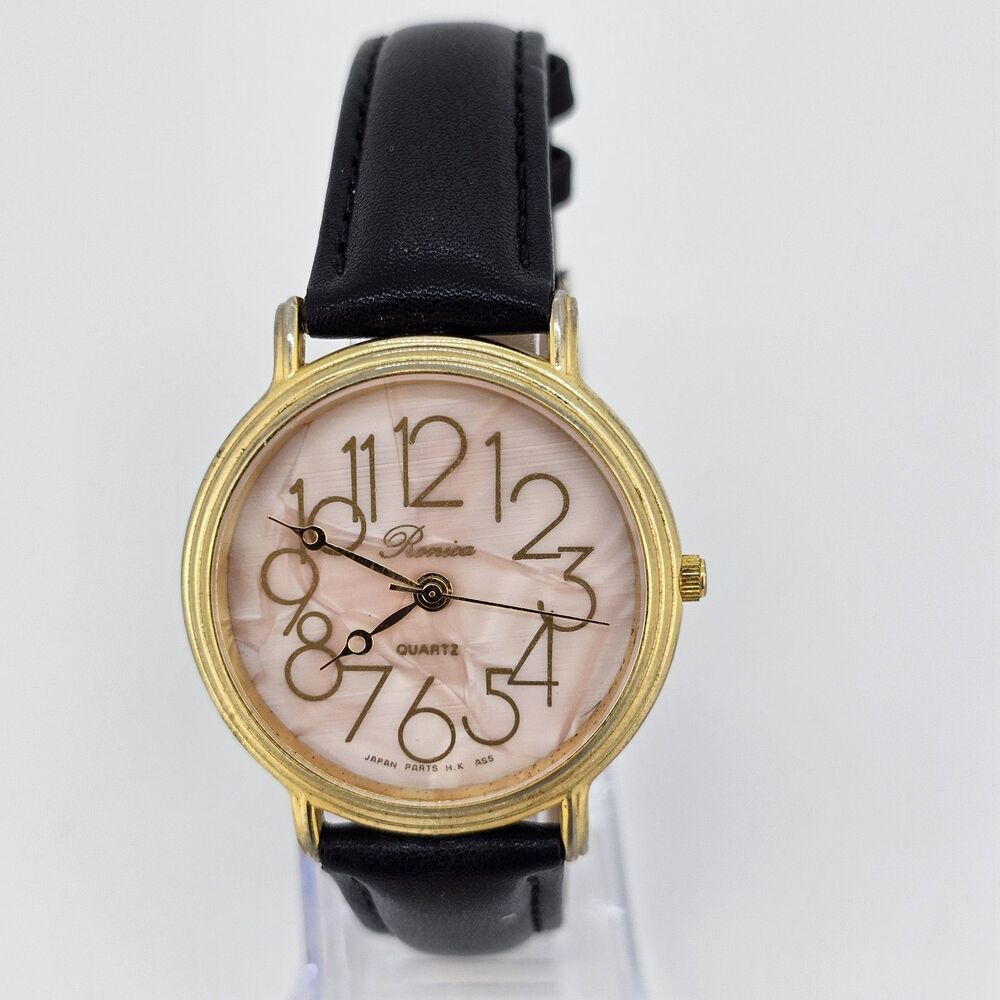 Vintage‎ Ronica Women's Watch 36MM Pink Dial Black Leather Bands New Battery